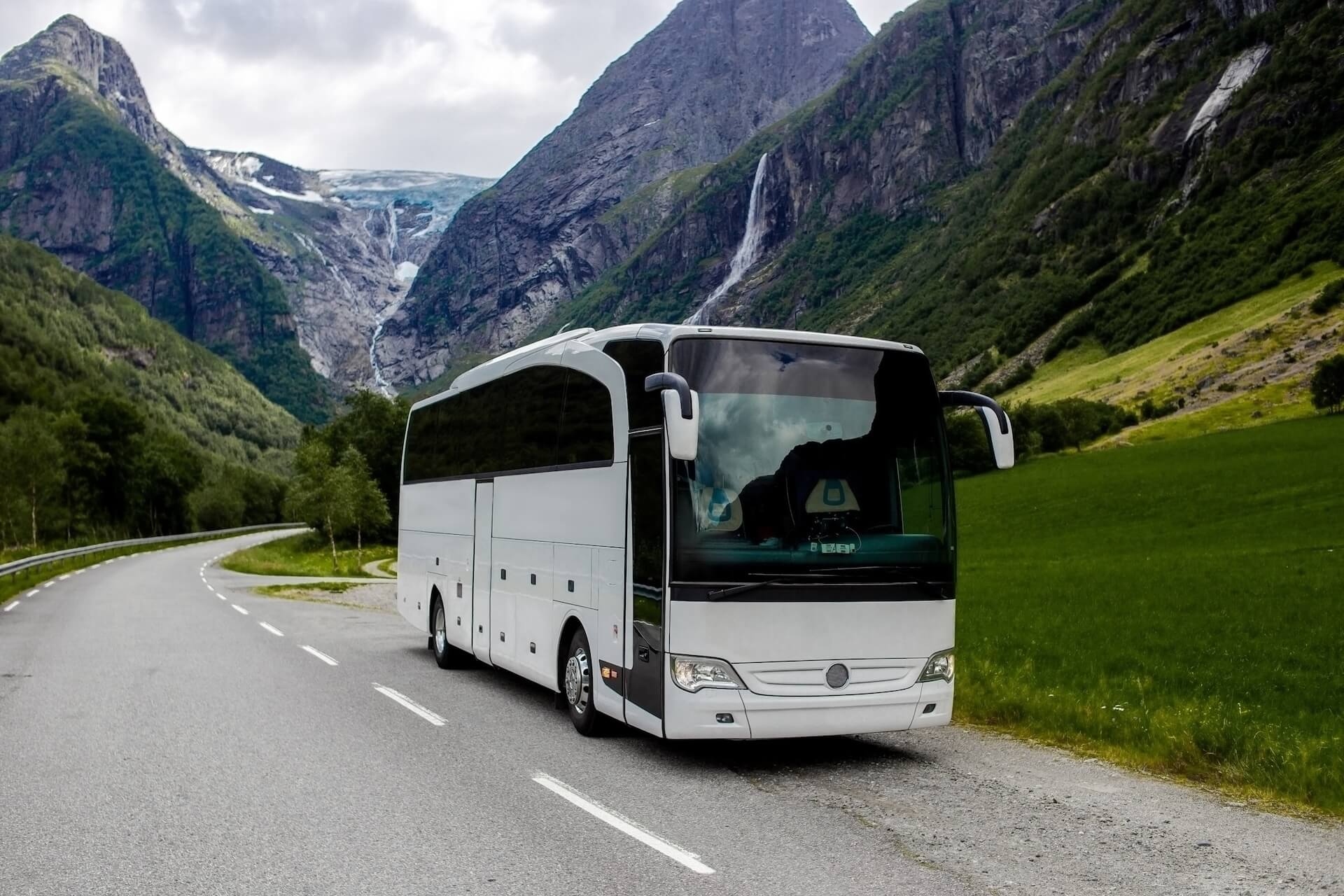 Tour bus on mountain road