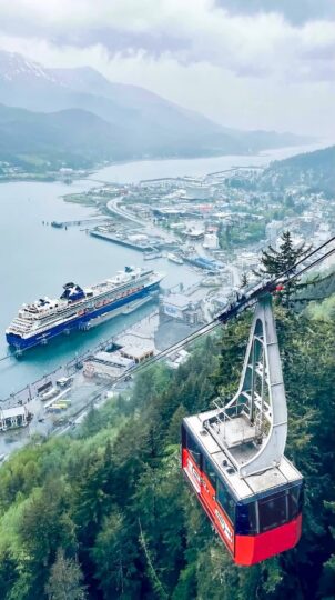 Aerial view of city with cable car.