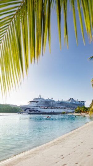 Cruise ship near tropical beach with palm trees