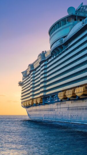 Large cruise ship at sunset