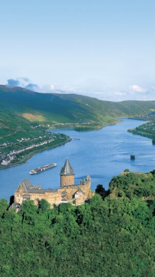 Castle overlooking a river valley